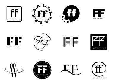 FF logo şirketi şablonu. F harfi ve f logoti. Tasarım elemanları ile farklı klasik serif harfleri ve modern kalın metin ayarla. İlk yazı tipi tipografisi. Koleksiyon trend iş kimliği.