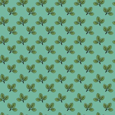 Arkaplanda şekillendirilmiş yeşil yaprakların kusursuz deseni. Tekstil baskıları, duvar kağıtları, ambalajlar ve web sitesi tasarımları için mükemmel. Tazelik, doğa ve büyümeyi çağrıştırır..