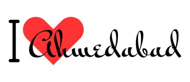 Ahmedabad 'ı seviyorum, Hindistan' ı. Kırmızı kalpli el yazısıyla yazılmış mektuplar. Vektör illüstrasyon harfleri, yazdırma tişörtü, afiş, poster, etiket veya etiket için modern tasarım.