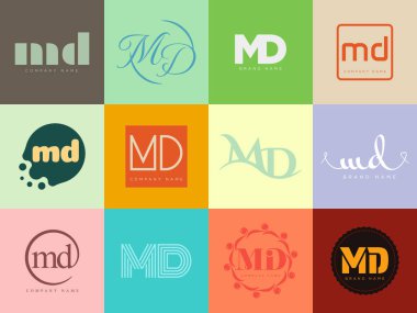 MD logo şirketi şablonu. M ve D logoti harfleri. Tasarım elemanları ile farklı klasik serif harfleri ve modern kalın metin ayarla. İlk yazı tipi tipografisi. Koleksiyon trend iş kimliği.