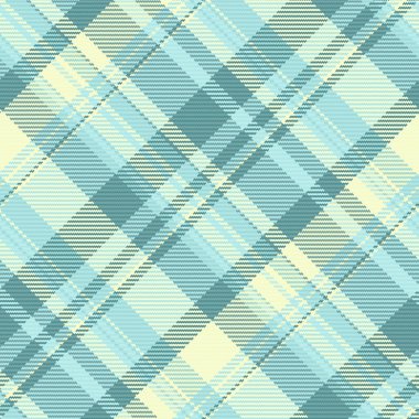 Kusursuz giysi, tekstil kontrolü, kadife kumaş dokusu vektörü. Çeşitli arkaplan desenli kumaş ekoseli ışık ve cyan renk paleti.