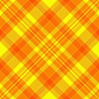 Parlak turuncu ve sarı renkli ekose desenli. Klasik tartan üzerine modern, dijital bir bükülme, enerjik arka planlar, retrotemalı web tasarımı ve yaratıcı tekstil projeleri için mükemmel..