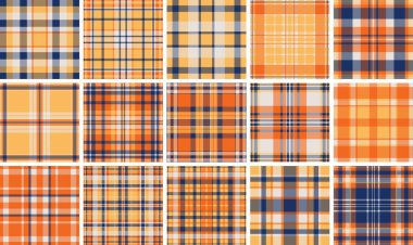 Klasik lacivert ve turuncu ekose desenli modern, kırsal bir his. Bu yüksek çözünürlüklü kusursuz doku moda tasarımları, ev dekorasyonu ve profesyonel dijital arka planlar için mükemmeldir..