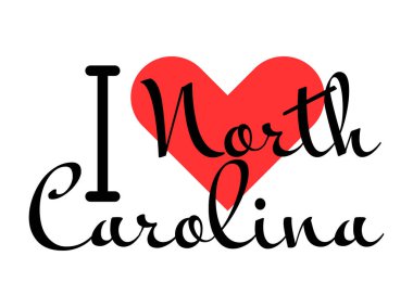 Amerika Birleşik Devletleri 'nin Kuzey Carolina eyaletini seviyorum. Kırmızı kalpli el yazısıyla yazılmış mektuplar. ABD bölgeleri vektör illüstrasyonu, basılı tişört, pankart, poster, etiket veya etiket için modern tasarım harfleri.