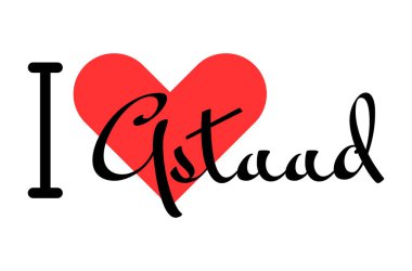 İsviçre 'nin Gstaad şehrini seviyorum. Kırmızı kalpli el yazısıyla yazılmış mektuplar. Vektör illüstrasyon harfleri, yazdırma tişörtü, afiş, poster, etiket veya etiket için modern tasarım.