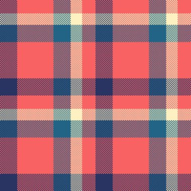 Desenli kumaş arka plan, doğuya özgü dikişsiz tartan tekstil. Örgü dokusu vektör ekoseli kontrol kırmızı ve mavi renk paleti ile.