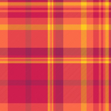 Tartan dışında tekstil kontrolü, düz desenli kumaş vektörü. Kırmızı ve pembe renk paletinde, pürüzsüz ekose arkaplan dokusu.
