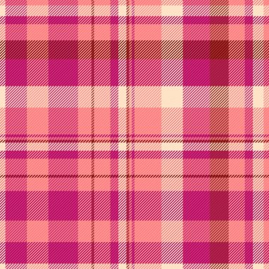 İngilizce kontrol arka plan vektörü, süslemesiz tartan deseni. Yakın plan ekose kumaş kumaş dokusu kırmızı ve pembe renk paleti ile.