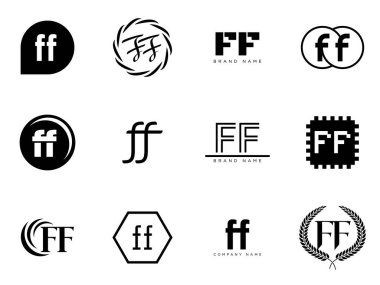 FF logo şirketi şablonu. F harfi ve f logoti. Tasarım elemanları ile farklı klasik serif harfleri ve modern kalın metin ayarla. İlk yazı tipi tipografisi. Koleksiyon trend iş kimliği.