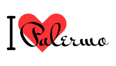 Palermo 'yu seviyorum, İtalya' yı. Kırmızı kalpli el yazısıyla yazılmış mektuplar. Vektör illüstrasyon harfleri, yazdırma tişörtü, afiş, poster, etiket veya etiket için modern tasarım.