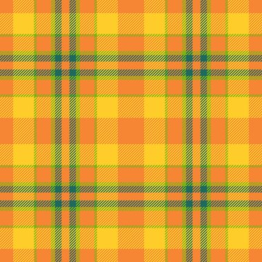 Kusursuz vektör arkaplanı listele, bulanık tartan kumaş. Turuncu ve sarı renk paletinde geniş desenli ekose kontrolü.