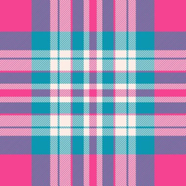 Eşit tekstil dokusu pürüzsüz, ekose desenli kumaş göster. Pembe ve cyan renk paletinde nostaljik arkaplan tartan kontrol vektörü.