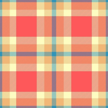 Dergi arka plan ekoseli vektör, dikişsiz tartan. Kırmızı ve turuncu renk paletinde yırtık desenli kumaş kumaş..