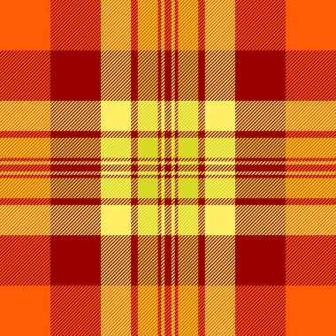 Kumaş kumaş dokusu, 60 'ların desenli tartan dikişsiz. Ekose vektör arkaplan denetimi kırmızı ve parlak renk paletinde.