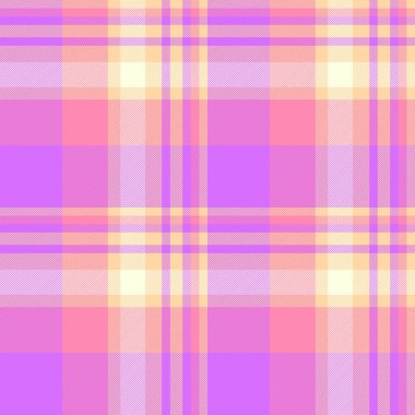 Çeşitli kumaş tekstil arka planı, ekose vektör dokusu. Mor ve pembe renk paletinde boş tartan desen kontrolü.