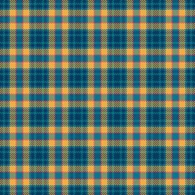 Canlı deniz mavisi ve turuncu pikselli ekose desenli. Bu kusursuz geometrik tasarım geleneksel tartan tarzını modern dijital estetik ile harmanlıyor, tekstil ve arka planlar için ideal..