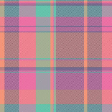 Dünya çapında ekoseli tarama, festival kumaşı kusursuz tekstil. Hediye kağıdı vektör dokusu tartan deseni pembe ve kırmızı renk paletinde.