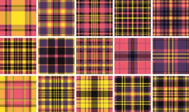 Canlı sarı ve mercan ekoseli desen cesur bir geometrik zemin oluşturur. Bu kusursuz tekstil tasarımı moda, ev dekorasyonu ve modern dijital markalaşma projeleri için mükemmeldir..