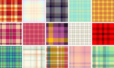 Erkek moda mağazalarının iç dekorasyonları için ekose seti. Uyumlu tartan tasarımları dekor görselleri. Kusursuz vektörler ritmi koruyor.