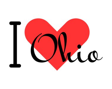 Amerika Birleşik Devletleri 'nin Ohio eyaletini seviyorum. Kırmızı kalpli el yazısıyla yazılmış mektuplar. ABD bölgeleri vektör illüstrasyonu, basılı tişört, pankart, poster, etiket veya etiket için modern tasarım harfleri.