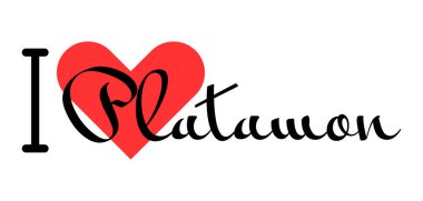 Platamon 'u seviyorum, Yunanistan' ı. Kırmızı kalpli el yazısıyla yazılmış mektuplar. Vektör illüstrasyon harfleri, yazdırma tişörtü, afiş, poster, etiket veya etiket için modern tasarım.