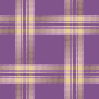 Örnek ekose arka plan tekstili, İspanyol dokusu pürüzsüz desen. Vogue kumaş vektör tartanını mor ve sarı renk paletinde kontrol et.