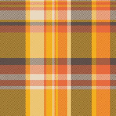 Kart tekstil kumaş ekoseli, doku arka plan vektörü oluşturun. Kehribar ve turuncu renk paletinde kusursuz tartan desen kontrolü yapılıyor.