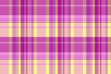 Grafik tartan desenli, erkek giyim tekstil vektör arka planı. Pembe ve sarı renk paletinde yaş kumaşı kusursuz ekoseli kontrol.
