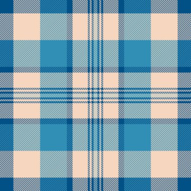 Piknik örtüsü tartan arka plan pürüzsüz, Kore tekstil vektör dokusu. Cyan ve açık renk paletinde ekose kumaş deseni kontrol ediliyor.