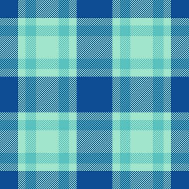 Örtülü vektör arkaplan dokusu, tee kumaş kontrolü ekoseli. Aydınlık ve mavi renk paletinde görkemli, pürüzsüz tartan deseni.