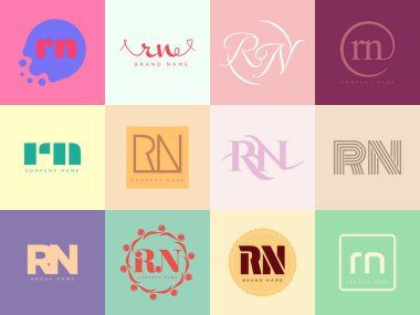 RN logo şirketi şablonu. R harfi ve n logoti. Tasarım elemanları ile farklı klasik serif harfleri ve modern kalın metin ayarla. İlk yazı tipi tipografisi. Koleksiyon trend iş kimliği.