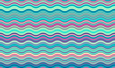 Deniz mavisi, pembe ve krem renkli canlı dalgalı çizgiler tekstil tasarımı, web sitesi arkaplanı ya da neşeli, modern estetiğe ihtiyaç duyan her proje için mükemmel bir dinamik ve eğlenceli desen oluşturur..