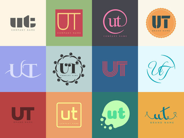 UT logo company template. Letter u and t logotype. Set different classic serif lettering and modern bold text with design elements. Initial font typography. Collection trendy business identity.