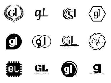 GL logo şirketi şablonu. G harfi ve logoti. Tasarım elemanları ile farklı klasik serif harfleri ve modern kalın metin ayarla. İlk yazı tipi tipografisi. Koleksiyon trend iş kimliği.