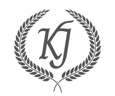 İlk harf K ve J, defne çelenkli KJ monogram logo tasarımı. Kaligrafi yazı tipli lüks amblem.