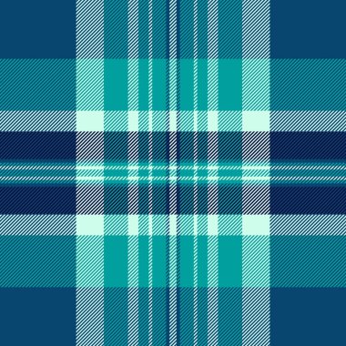 Papatya desensiz ekose kumaş, örgü desenli arka plan. Mevsimlik tartan kumaş vektörü Cyan ve tyrolite mavi yeşil renk paletinde kontrol et.