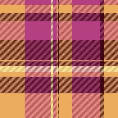 Çizgili tekstil vektörü pürüzsüz, romantik tartan arka plan ekoseli. Pembe ve turuncu renk paletinde güzel desen kontrol et.