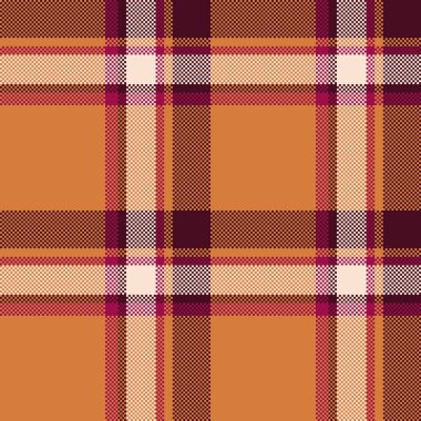 Tekstil desenli kumaş, renkli tartan ekose vektör. Salon dokusu taraması turuncu ve koyu renk paletinde pürüzsüz.