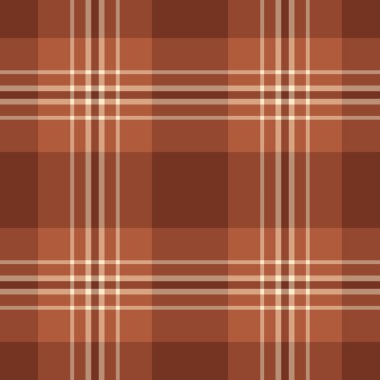 Yakın plan dikişsiz taşıyıcı tekstil, giysi desenli kumaş ekose. Turuncu ve kırmızı renk paletinde tekrarlanabilir tartan arka plan kontrolü.