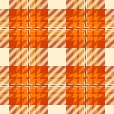 Podyum vektör tekstil ekose, arka plan kumaşı dikişsiz. Turuncu ve badem rengi palet ile egzotik desenli tartan kontrolü.