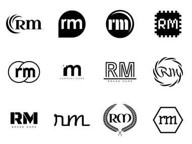 RM logo şirketi şablonu. R ve M harfleri logoti. Tasarım elemanları ile farklı klasik serif harfleri ve modern kalın metin ayarla. İlk yazı tipi tipografisi. Koleksiyon trend iş kimliği.
