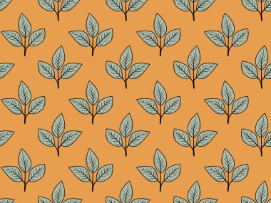 Sıcak turuncu arka planda stilize edilmiş yaprakların zarif, pürüzsüz deseni. Tekstil tasarımı, duvar kağıdı, ambalaj veya web sitesi geçmişi için mükemmel.
