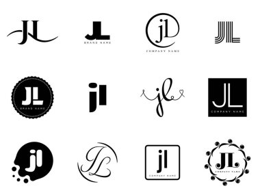 JL logo şirketi şablonu. J harfi ve logoti. Tasarım elemanları ile farklı klasik serif harfleri ve modern kalın metin ayarla. İlk yazı tipi tipografisi. Koleksiyon trend iş kimliği.
