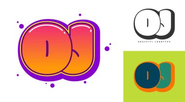 Festival ya da parti için OJ logo tasarımı. Graffiti tarzında ilk harf o ve j. Yazı tipi tipografisinin yaratıcı modern harfleri. Modayı takip eden logotlar ya da kimlikler. Vektör illüstrasyonu.