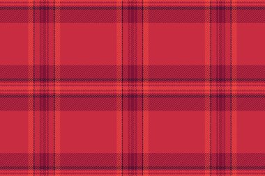 Minimalist desenli tartan, 70 'lerin desenli ekose kontrolü. Izgara tekstil vektörü kırmızı ve koyu renk paletinde dikişsiz kumaş.
