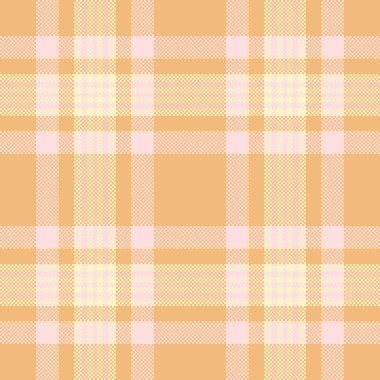 Manzara desenli tekstil dokusu, moda kontrolü arkaplan kumaşı. Festivalsel vektör ekose kumaş turuncu ve açık renk paletinde dikişsiz.