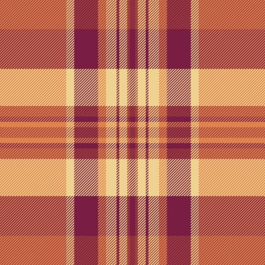 Sıcak desenli tartan, kusursuz tekstil arkaplanı. Turuncu ve pembe renk paletinde sıcak vektör ekose kumaş dokusu.