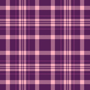 Kusursuz tekstil kumaşı, ekose vektör kontrolü. Eflatun ve açık pembe renk paletinde yetenekli tartan desen arkaplanı.