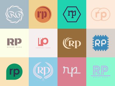 RP logo şirketi şablonu. R harfi ve p logoti. Tasarım elemanları ile farklı klasik serif harfleri ve modern kalın metin ayarla. İlk yazı tipi tipografisi. Koleksiyon trend iş kimliği.