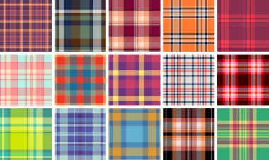 Yeni yıl markası için süslü tartan desenli koleksiyon. Sürü ambalajlama, pazarlama ve görselleri birleştiriyor. Vektör tutarlılığı uyumu sağlar.